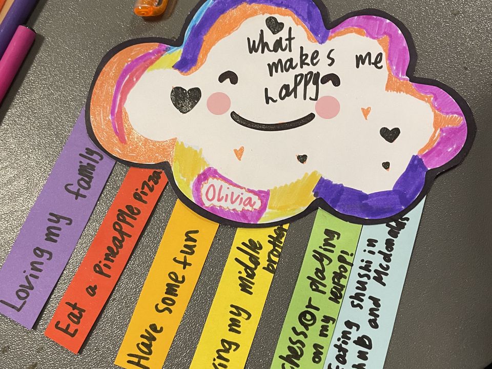 A colourful children’s craft titled What makes me happy